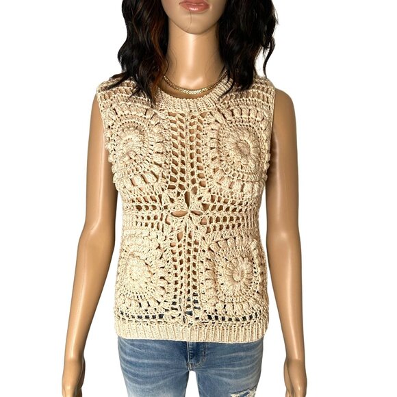 AYNI 100% Pima Cotton Crochet Crewneck Sleeveless Sweater Cream Size S - Picture 1 of 8